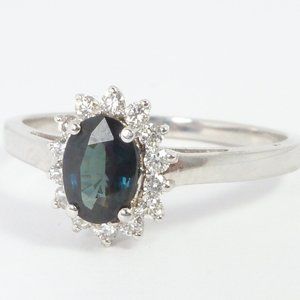 SOLID 14K WG Oval Sapphire & Diamond Halo Ring